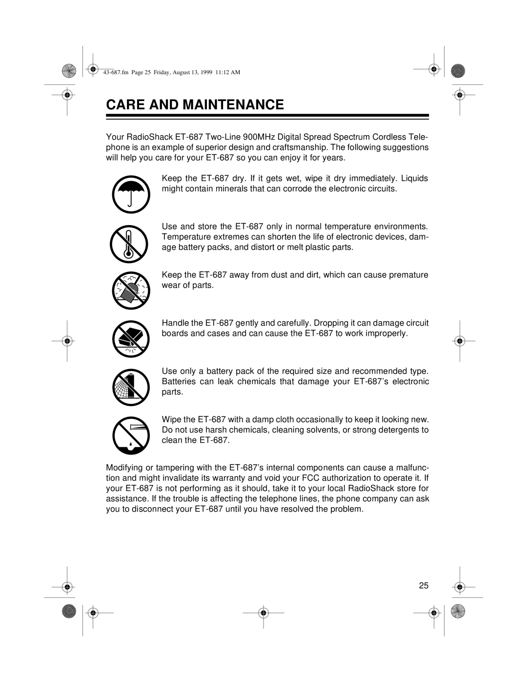 Radio Shack ET-687 owner manual Care and Maintenance 