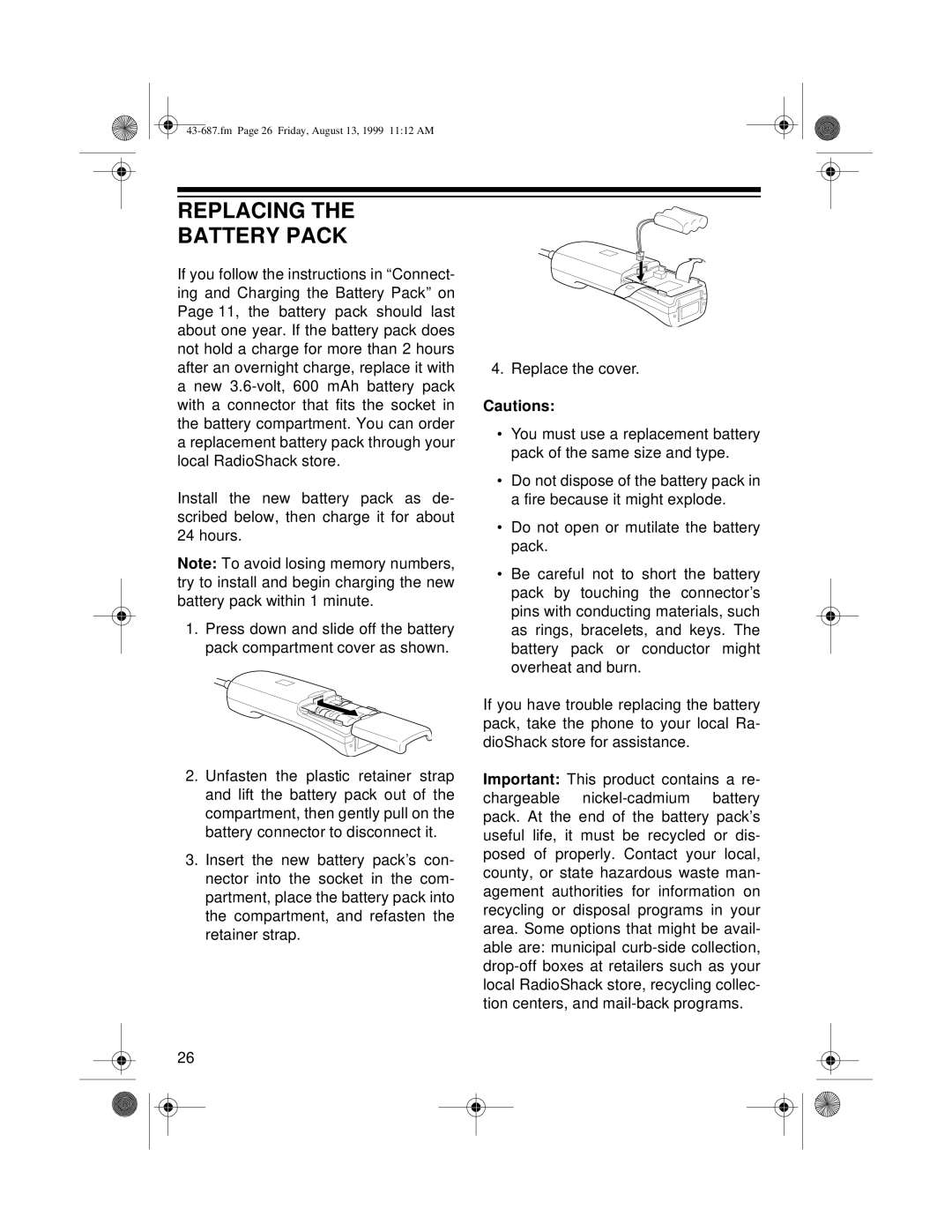 Radio Shack ET-687 owner manual Replacing Battery Pack 