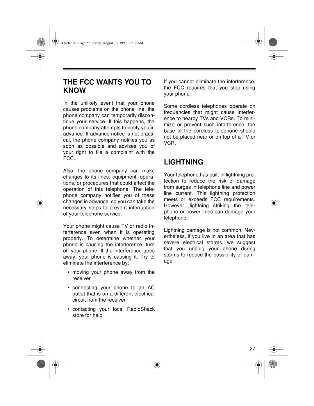 Radio Shack ET-687 owner manual FCC Wants YOU to Know, Lightning 