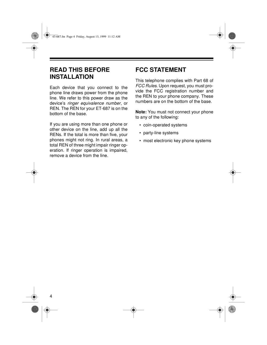 Radio Shack ET-687 owner manual Read this Before Installation, FCC Statement 