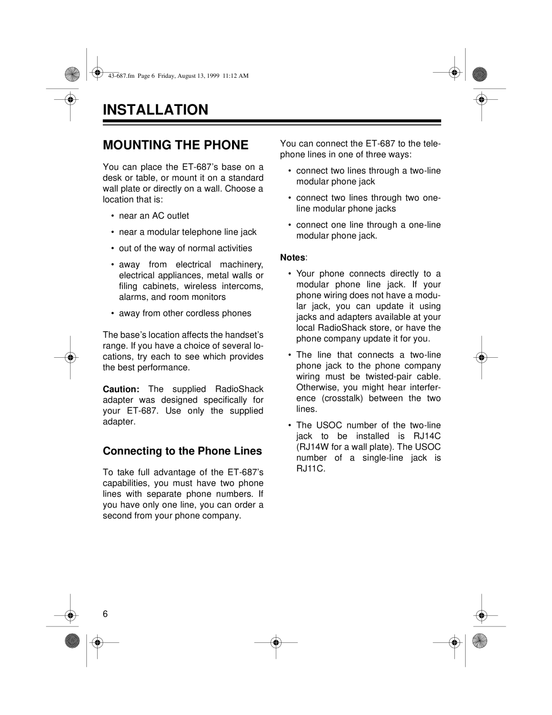 Radio Shack ET-687 owner manual Installation, Mounting the Phone, Connecting to the Phone Lines 