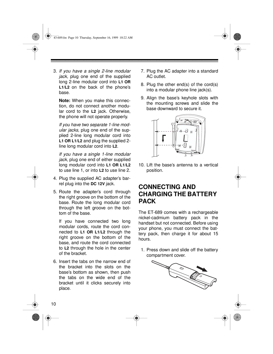 Radio Shack ET-689 owner manual Connecting and Charging the Battery Pack 