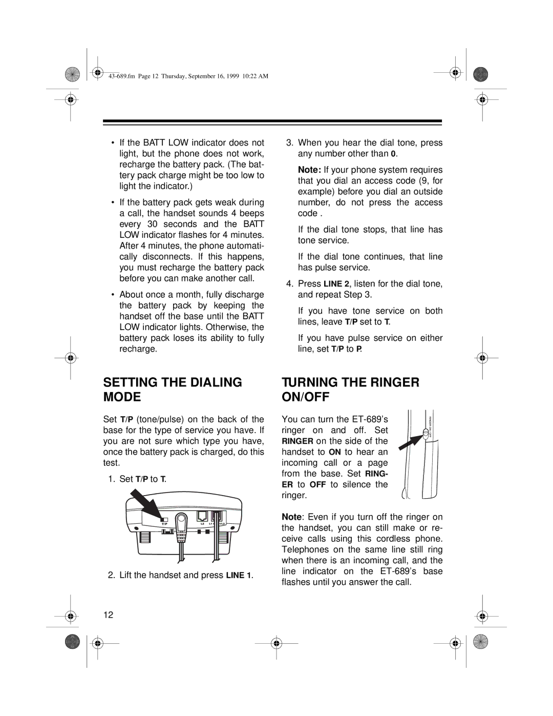 Radio Shack ET-689 owner manual Setting the Dialing Mode, Turning the Ringer ON/OFF 