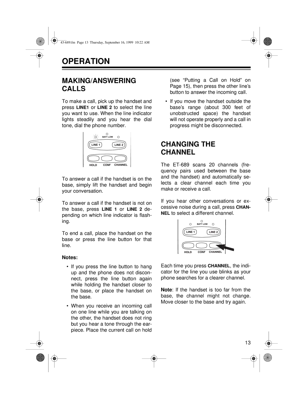 Radio Shack ET-689 owner manual Operation, MAKING/ANSWERING Calls, Changing Channel 