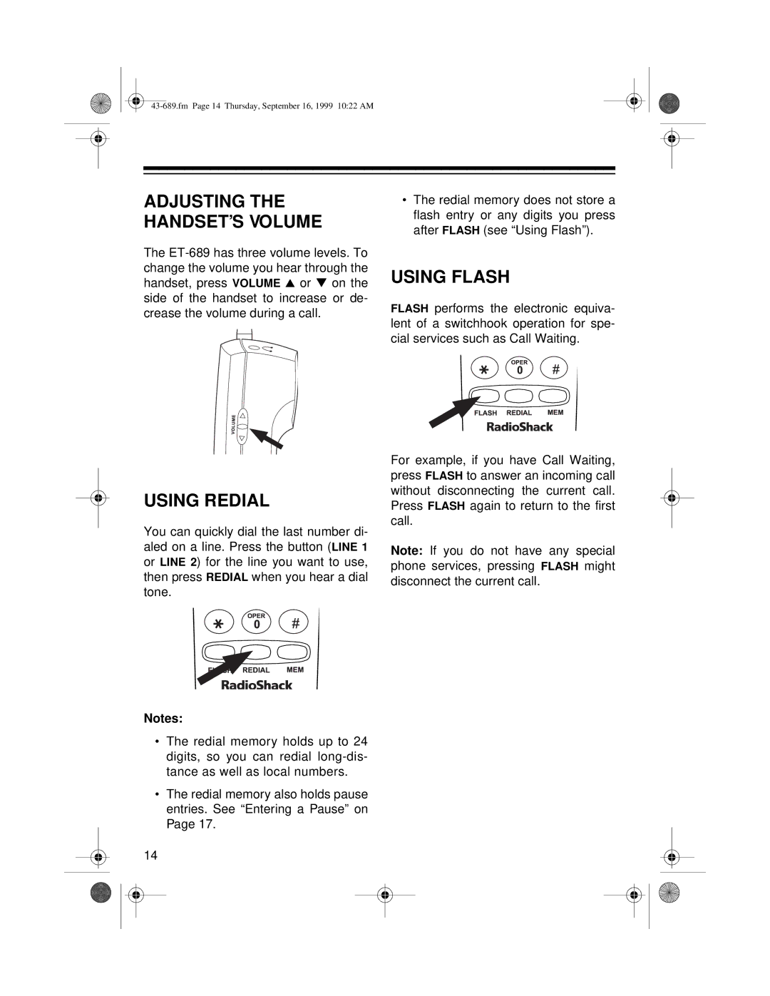 Radio Shack ET-689 owner manual Using Redial, Using Flash 