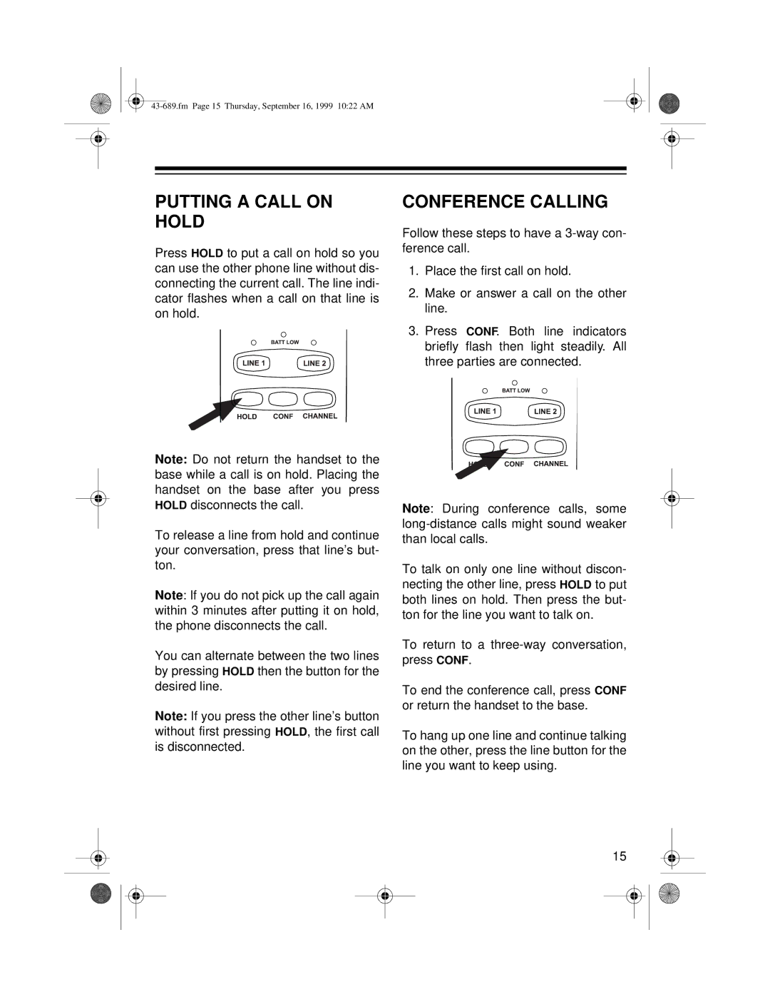 Radio Shack ET-689 owner manual Putting a Call on Hold, Conference Calling 