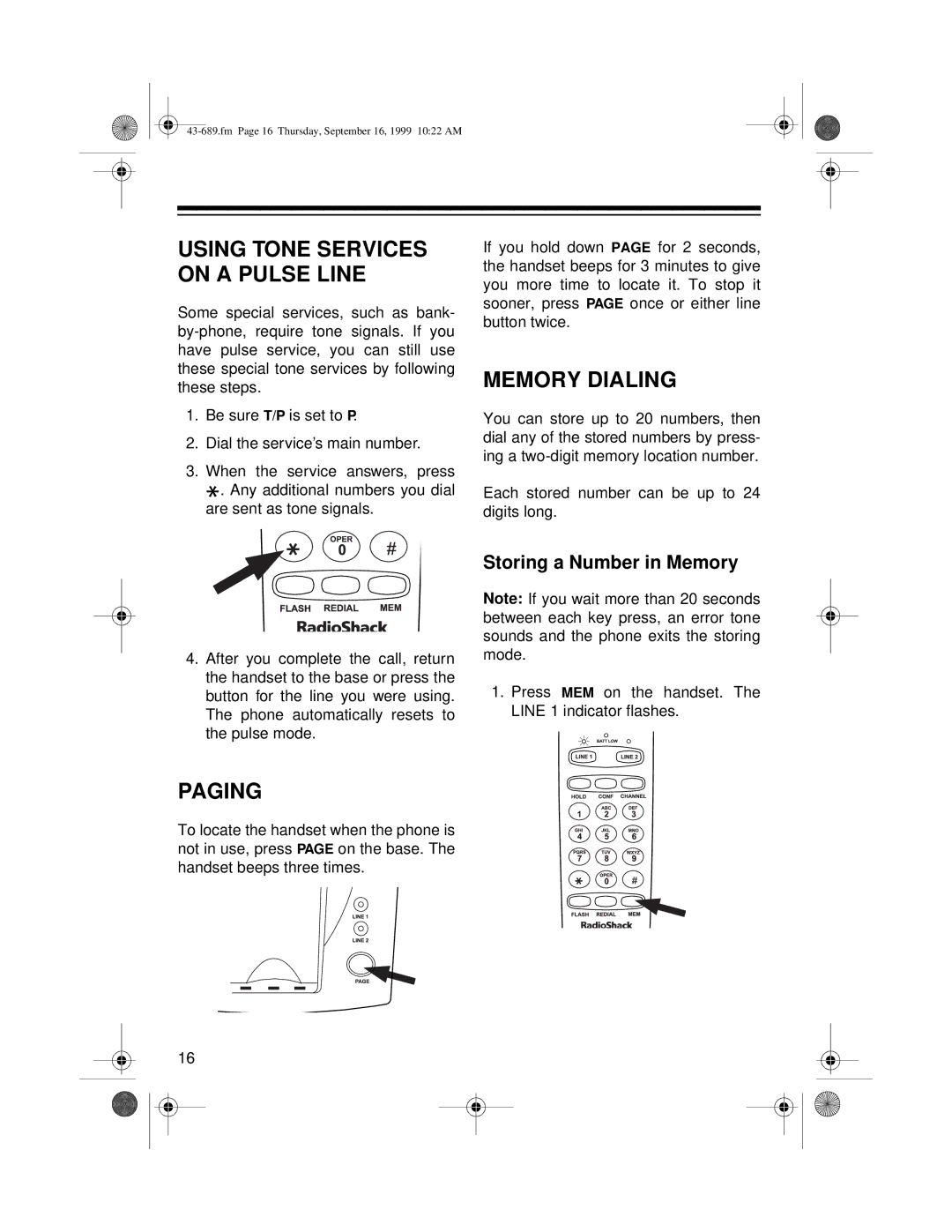 Radio Shack ET-689 owner manual Memory Dialing, Paging, Storing a Number in Memory 