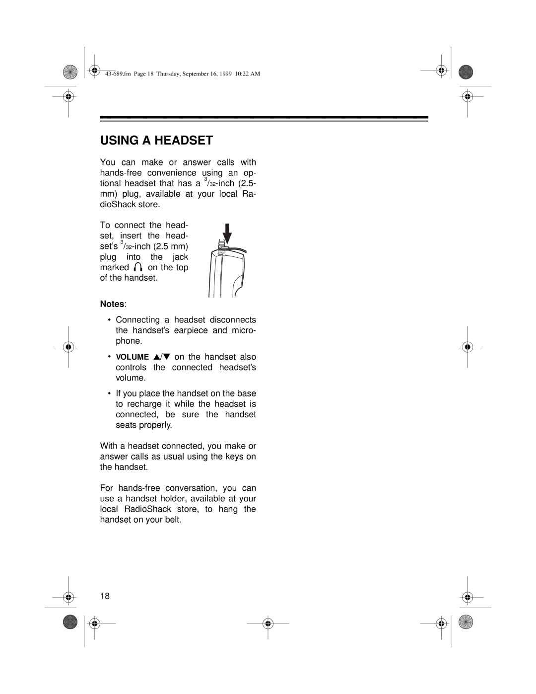 Radio Shack ET-689 owner manual Using a Headset 