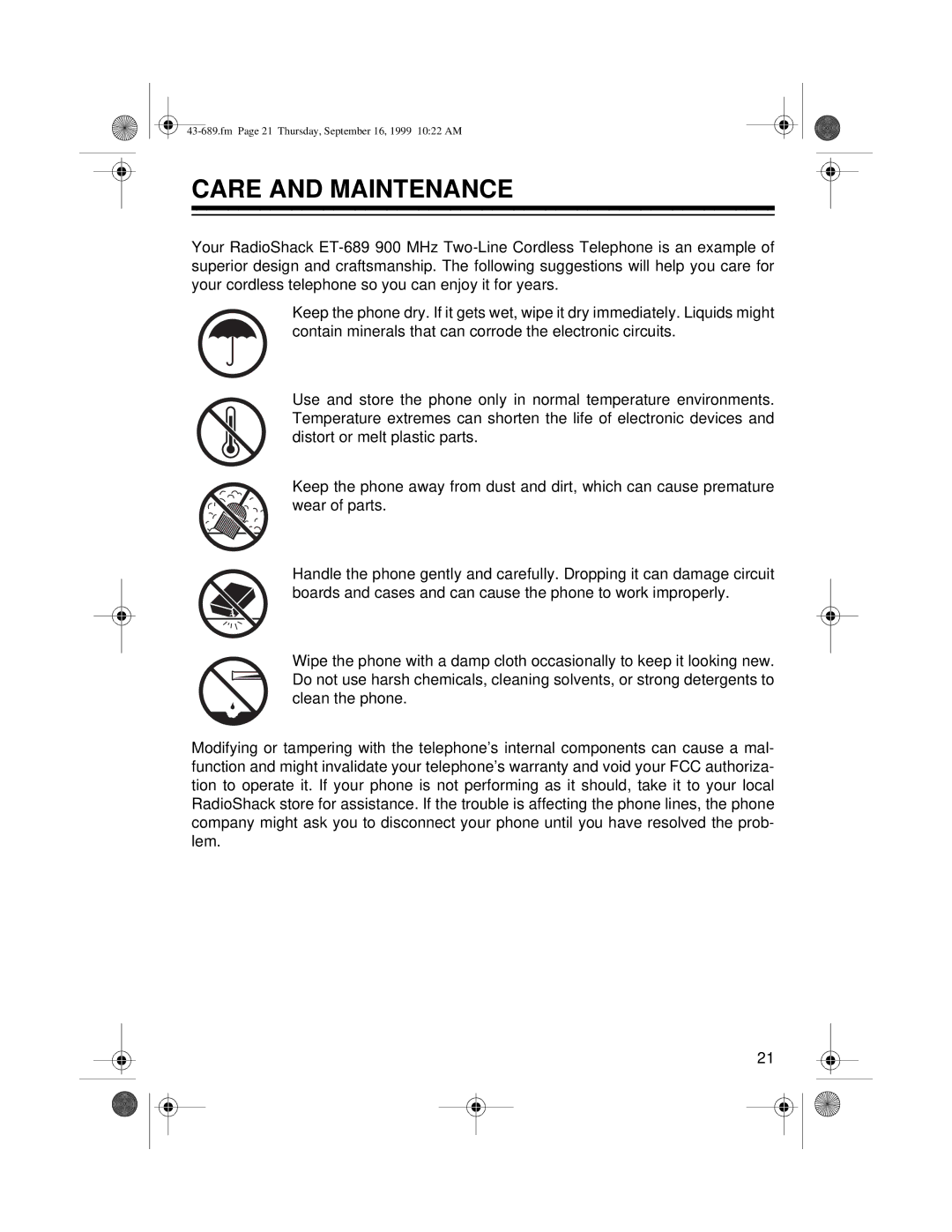 Radio Shack ET-689 owner manual Care and Maintenance 