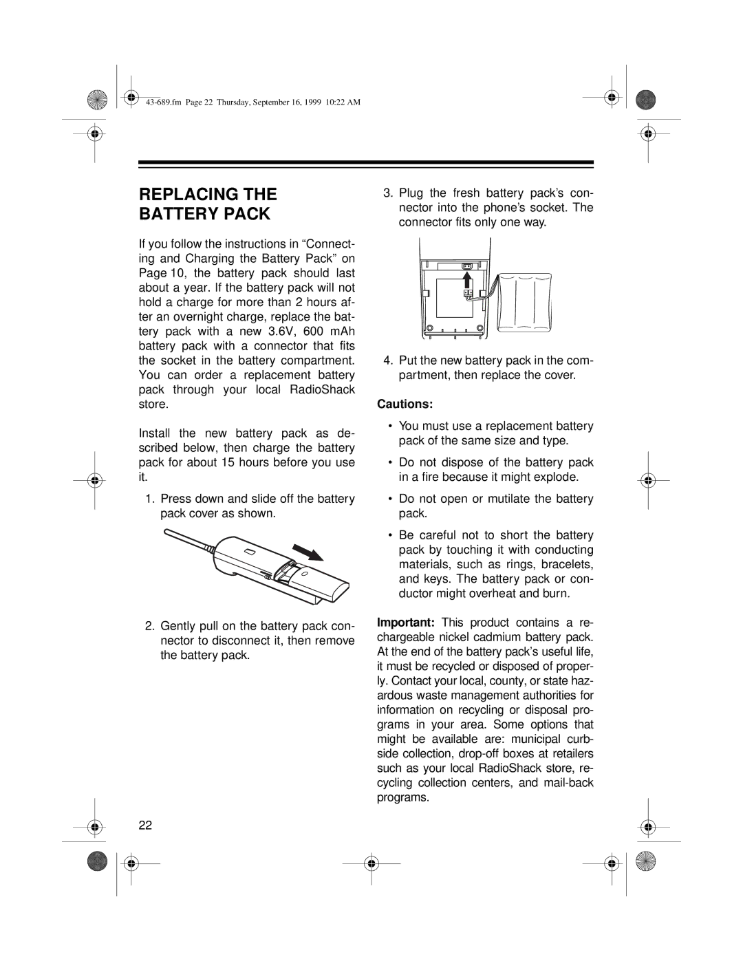 Radio Shack ET-689 owner manual Replacing Battery Pack 