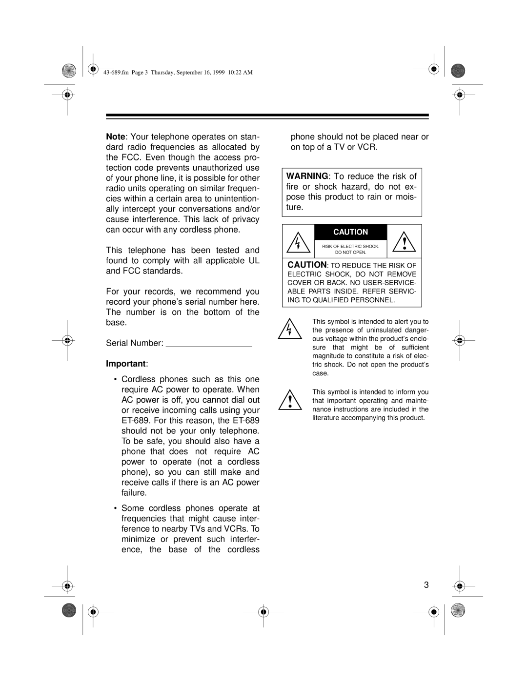 Radio Shack ET-689 owner manual Fm Page 3 Thursday, September 16, 1999 1022 AM 