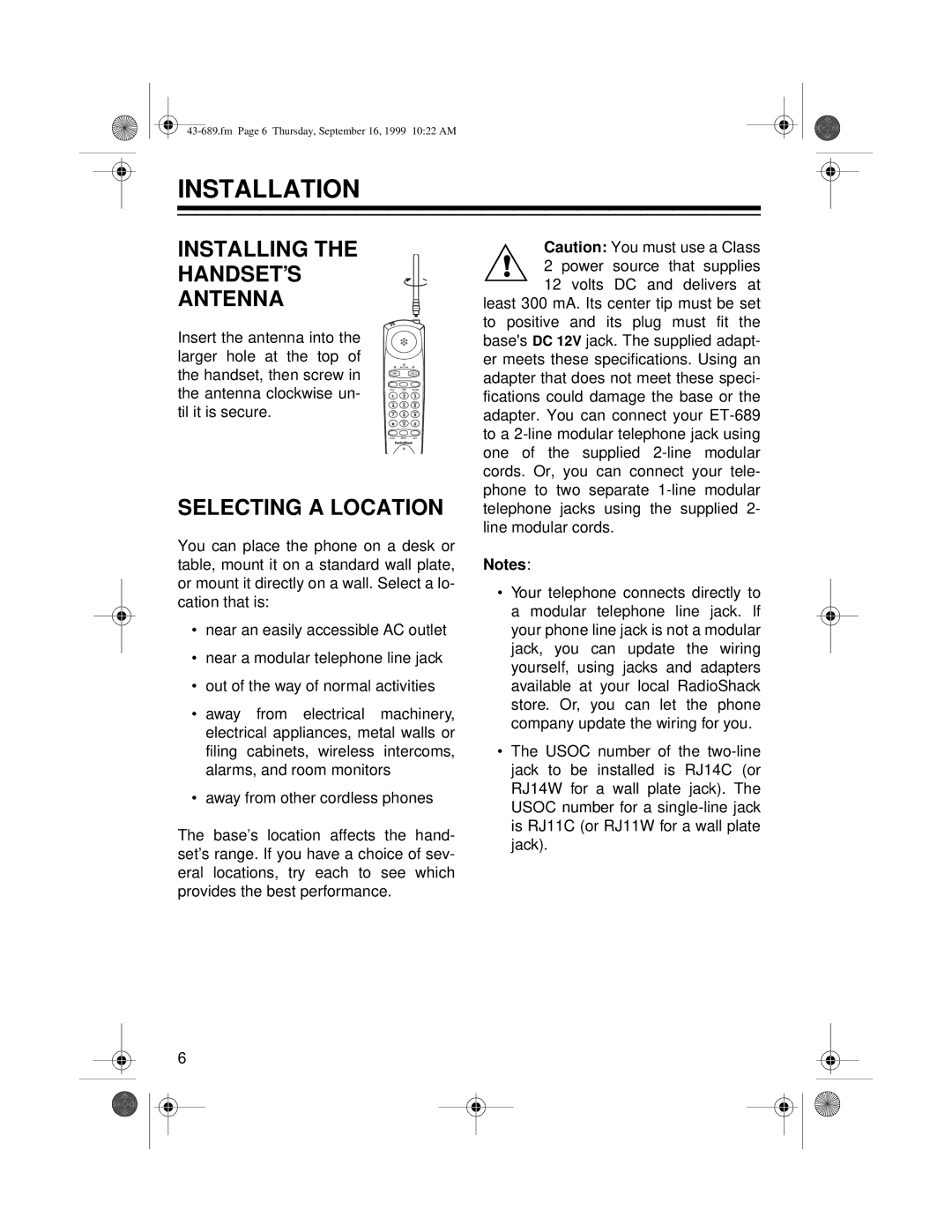 Radio Shack ET-689 owner manual Installation, Installing HANDSET’S Antenna, Selecting a Location 