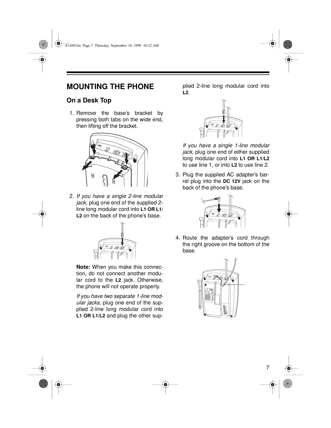 Radio Shack ET-689 owner manual Mounting the Phone, On a Desk Top 