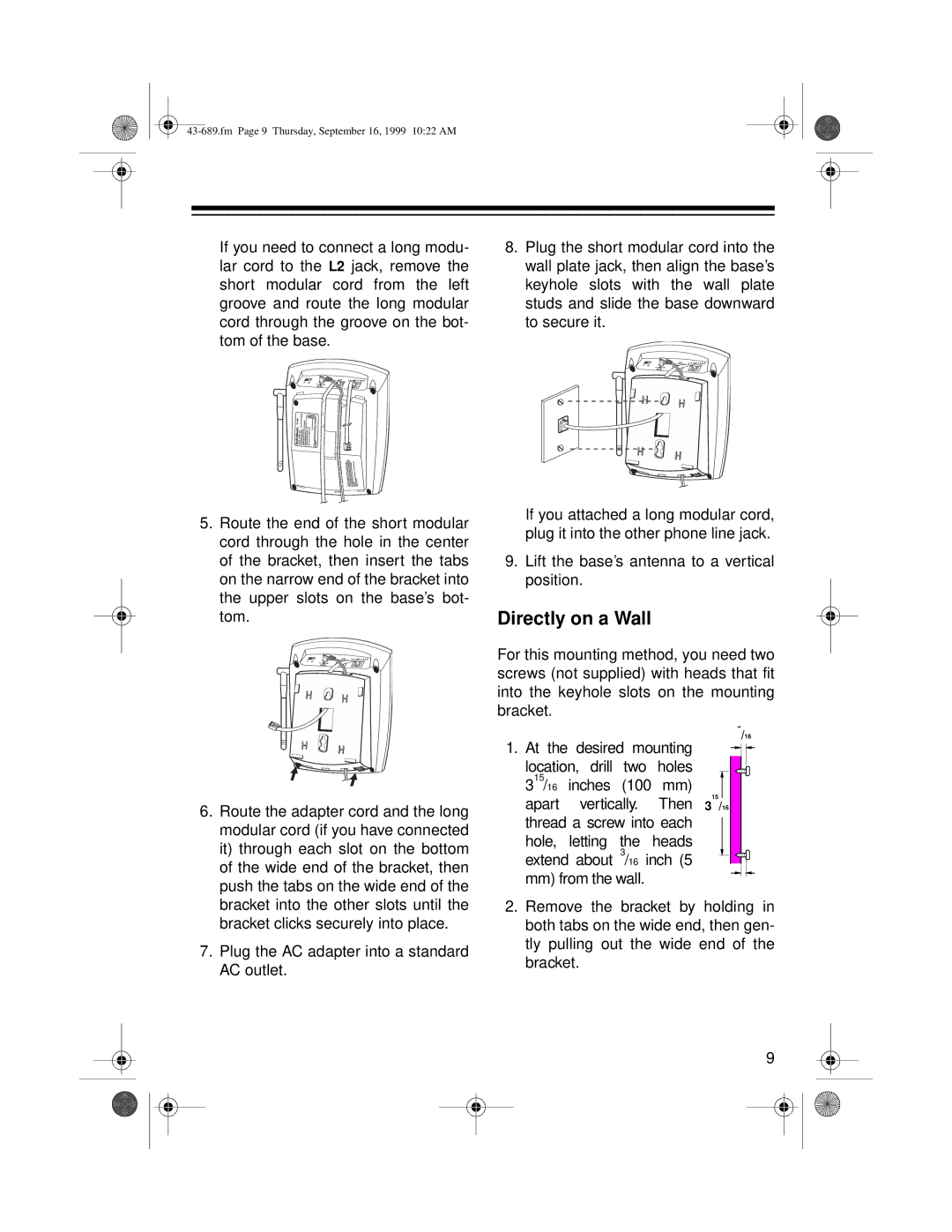 Radio Shack ET-689 owner manual Directly on a Wall 