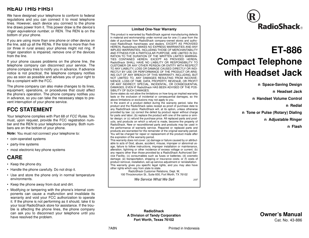 Radio Shack ET-886 owner manual Read this First, FCC Statement, Care 