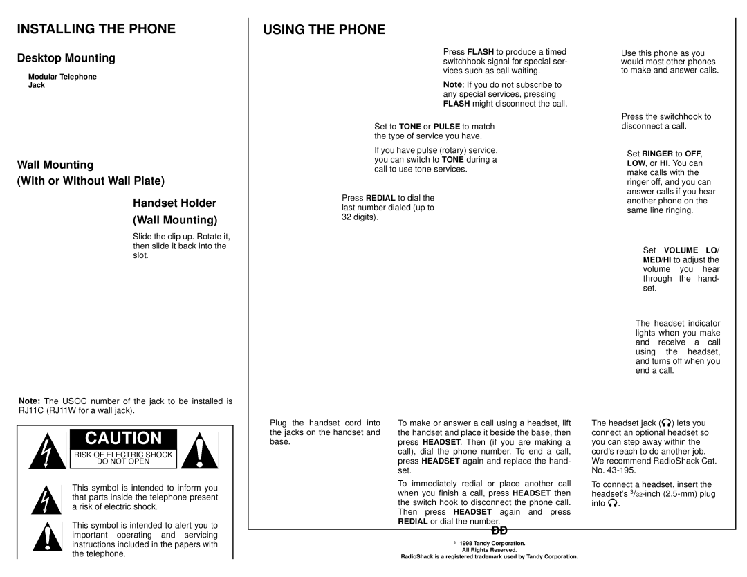 Radio Shack ET-886 Installing the Phone Using the Phone, Wall Mounting With or Without Wall Plate Handset Holder 