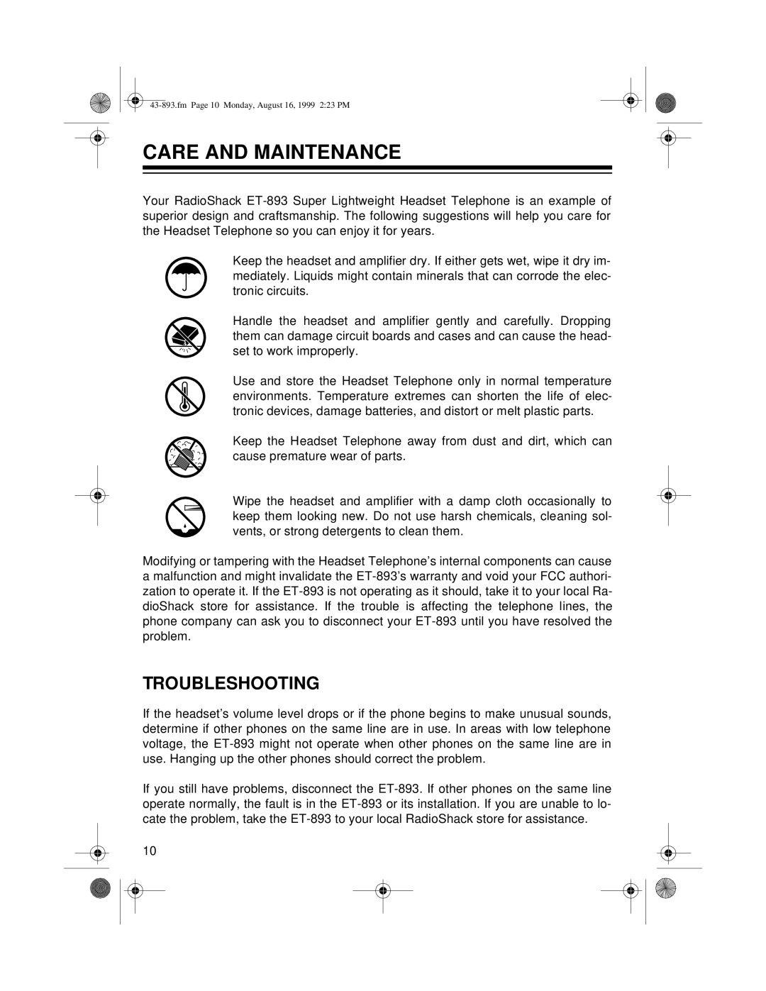 Radio Shack ET-893 owner manual Care and Maintenance, Troubleshooting 