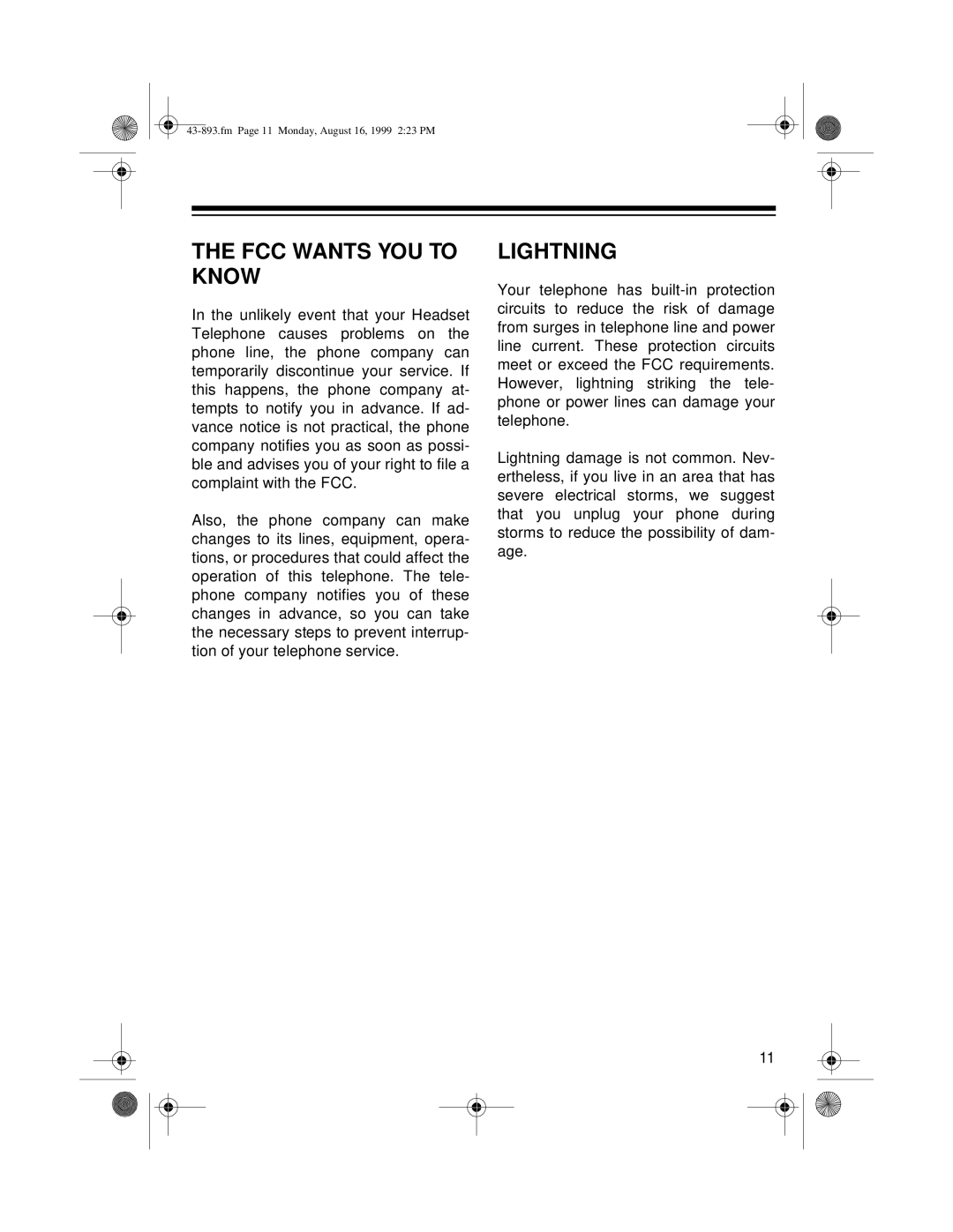 Radio Shack ET-893 owner manual FCC Wants YOU to Know, Lightning 