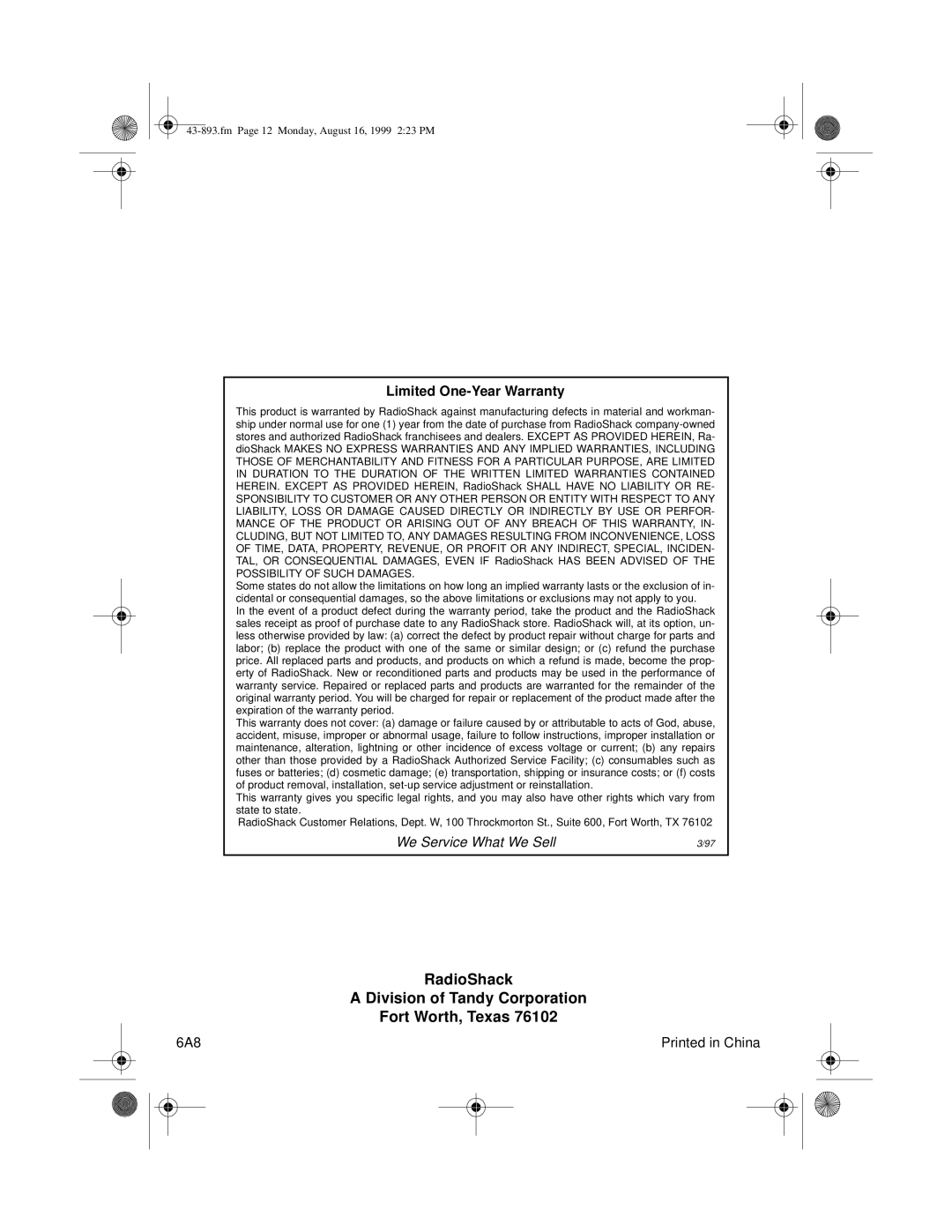 Radio Shack ET-893 owner manual RadioShack Division of Tandy Corporation Fort Worth, Texas 