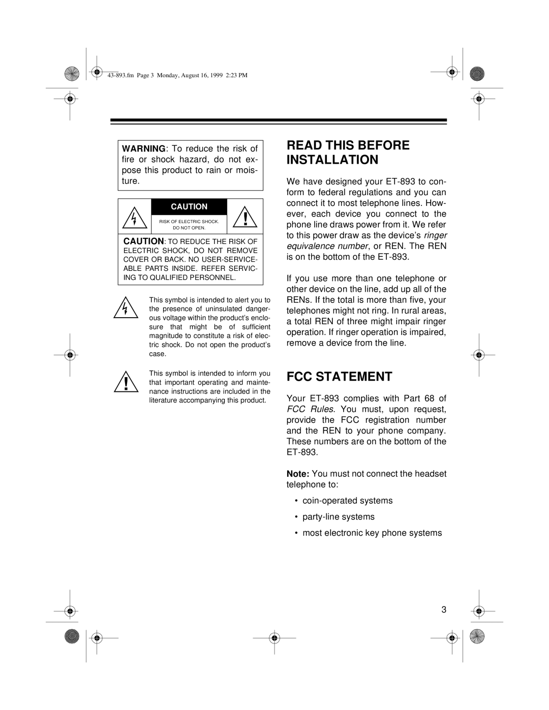 Radio Shack ET-893 owner manual Read this Before Installation, FCC Statement 