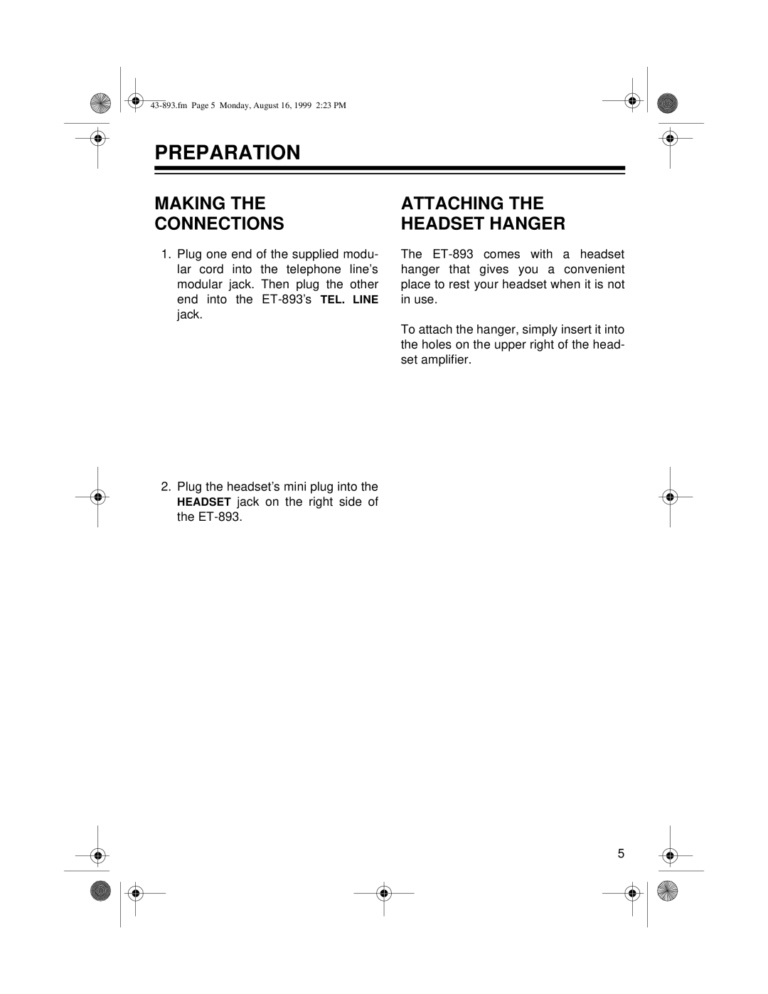 Radio Shack ET-893 owner manual Preparation, Making Connections, Attaching Headset Hanger 