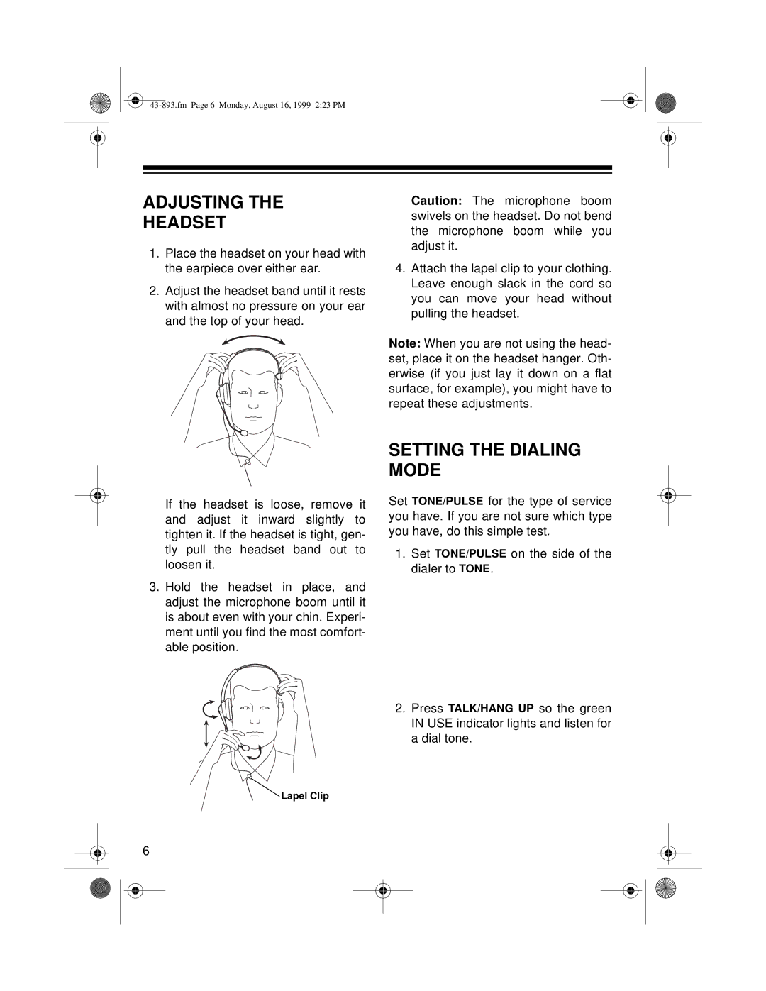 Radio Shack ET-893 owner manual Adjusting Headset, Setting the Dialing Mode 