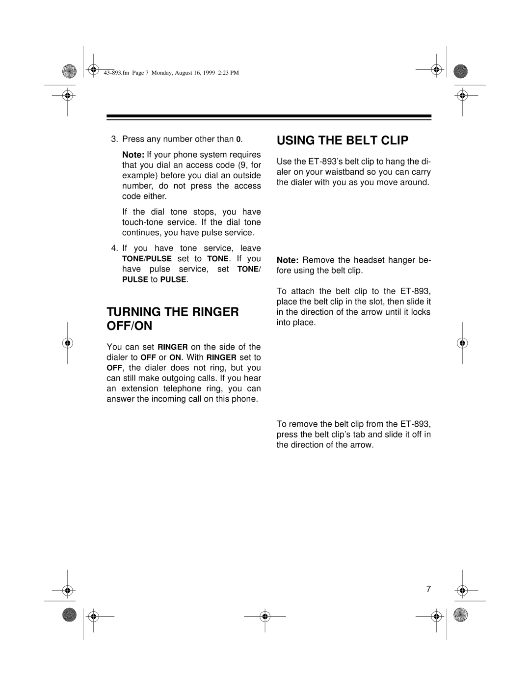 Radio Shack ET-893 owner manual Turning the Ringer OFF/ON, Using the Belt Clip 