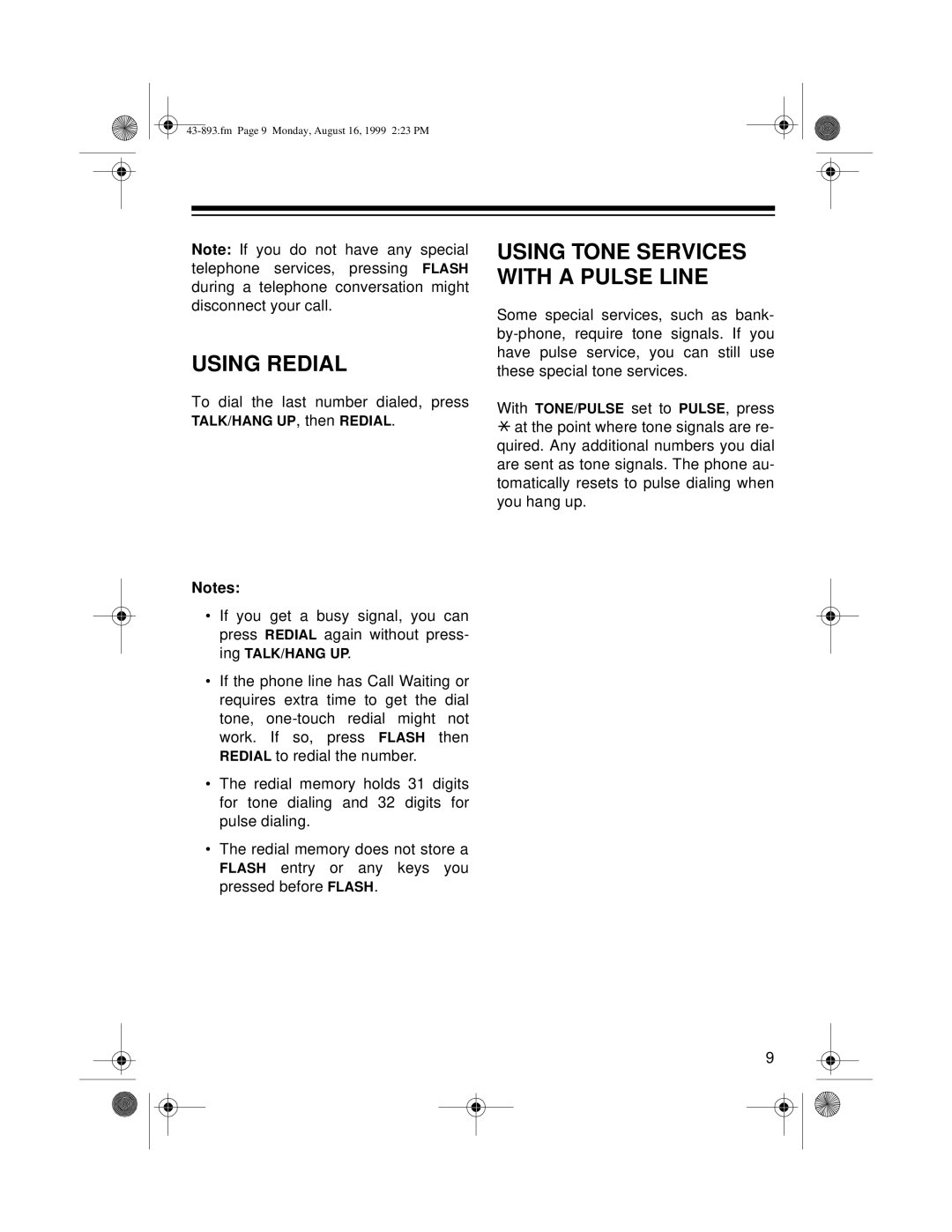 Radio Shack ET-893 owner manual Using Redial, Using Tone Services with a Pulse Line 