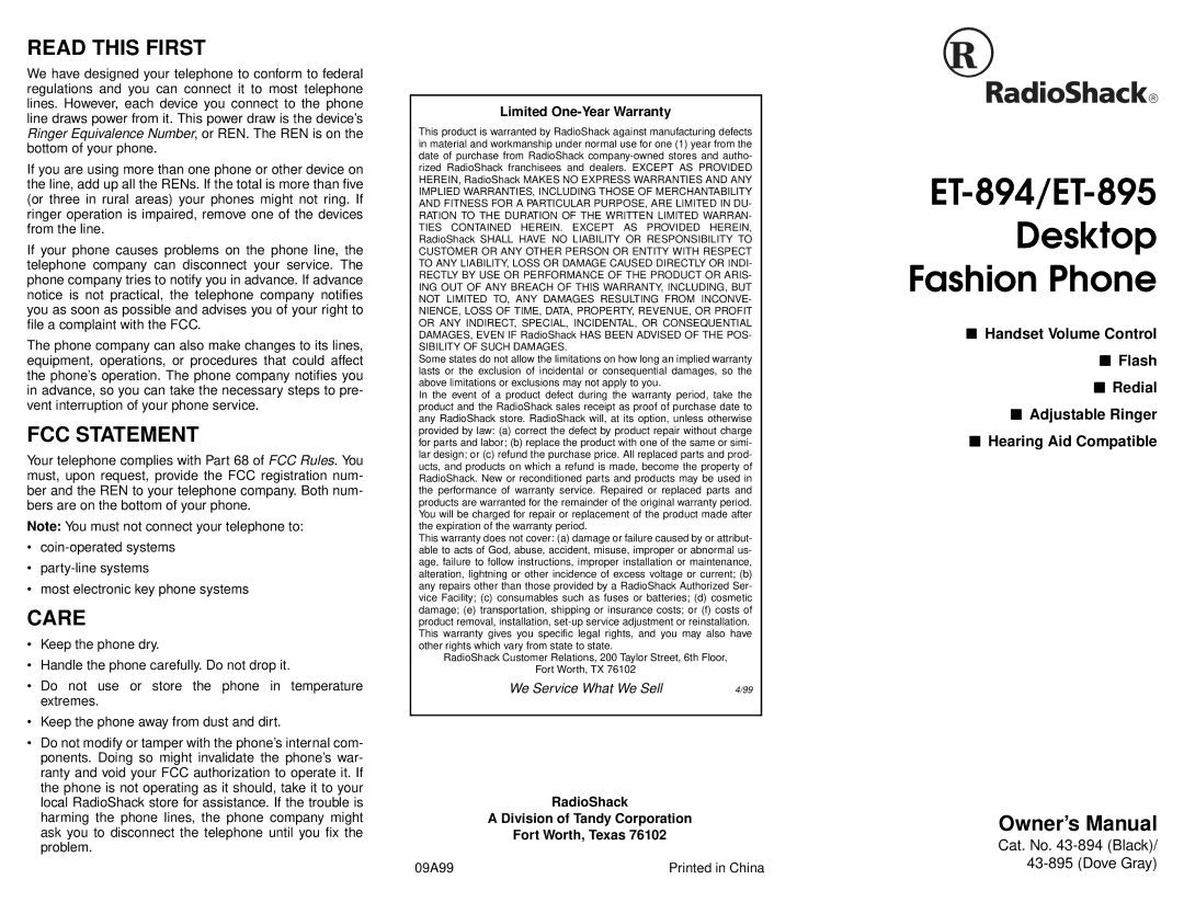 Radio Shack owner manual ET-894/ET-895 Desktop Fashion Phone, Read this First, FCC Statement, Care 