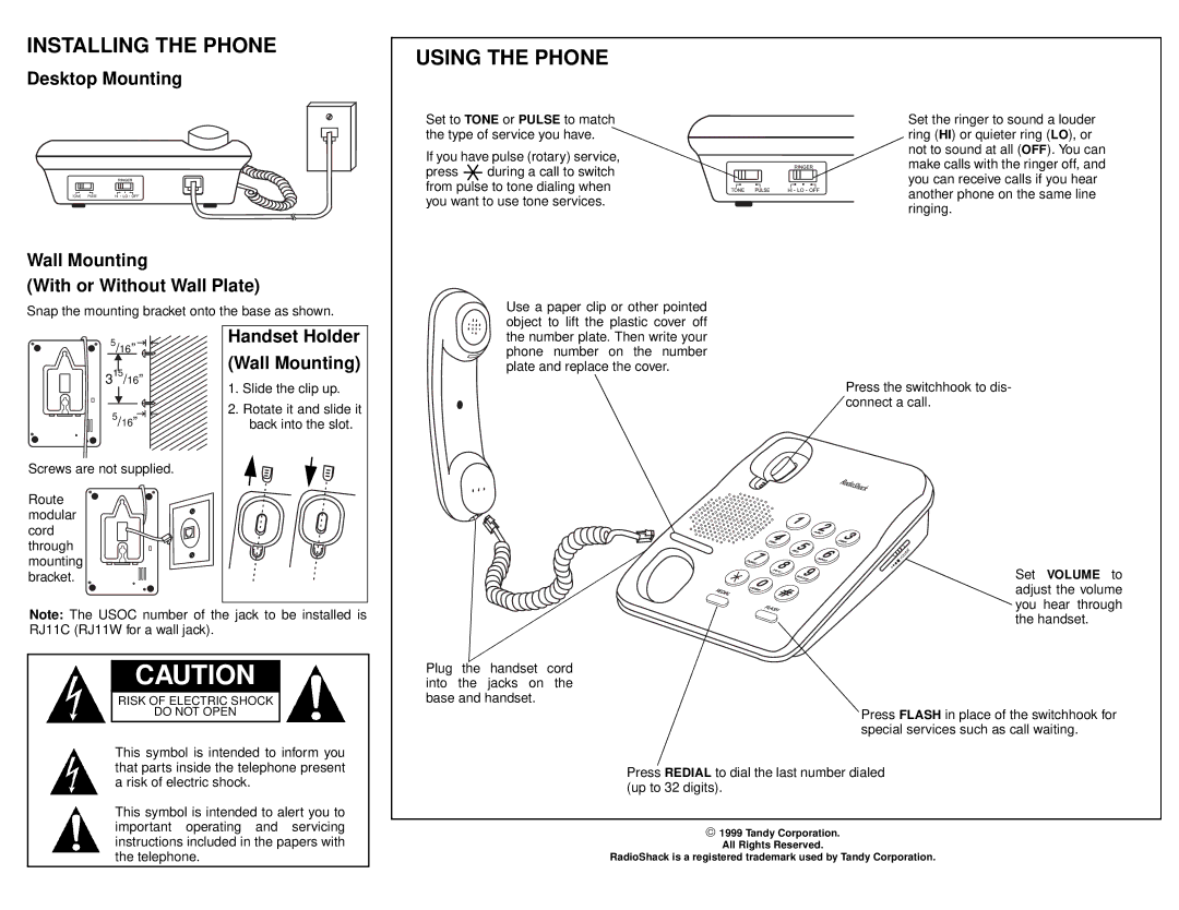 Radio Shack ET-894 Installing the Phone, Using the Phone, Desktop Mounting, Wall Mounting With or Without Wall Plate 