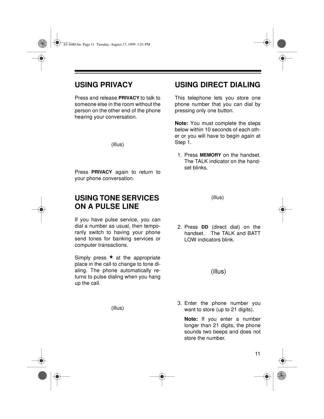 Radio Shack ET-905 owner manual Using Privacy, Using Direct Dialing, Using Tone Services on a Pulse Line 