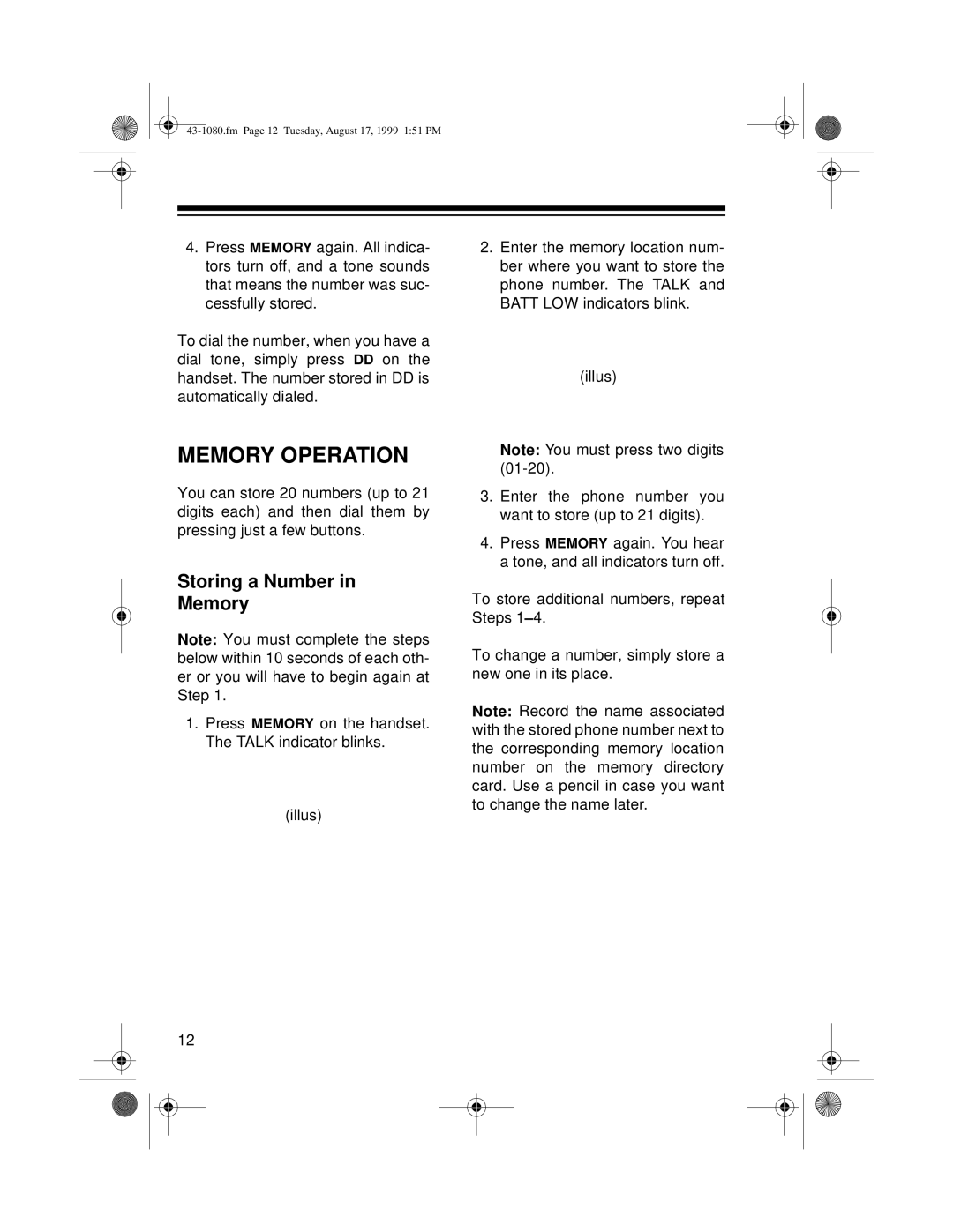 Radio Shack ET-905 owner manual Memory Operation, Storing a Number Memory 