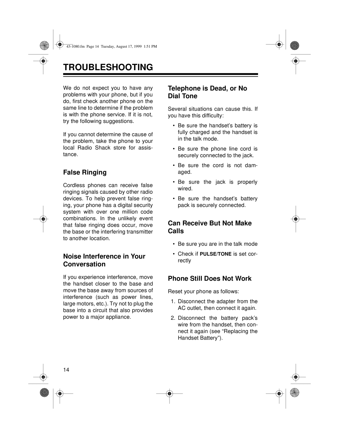 Radio Shack ET-905 owner manual Troubleshooting 