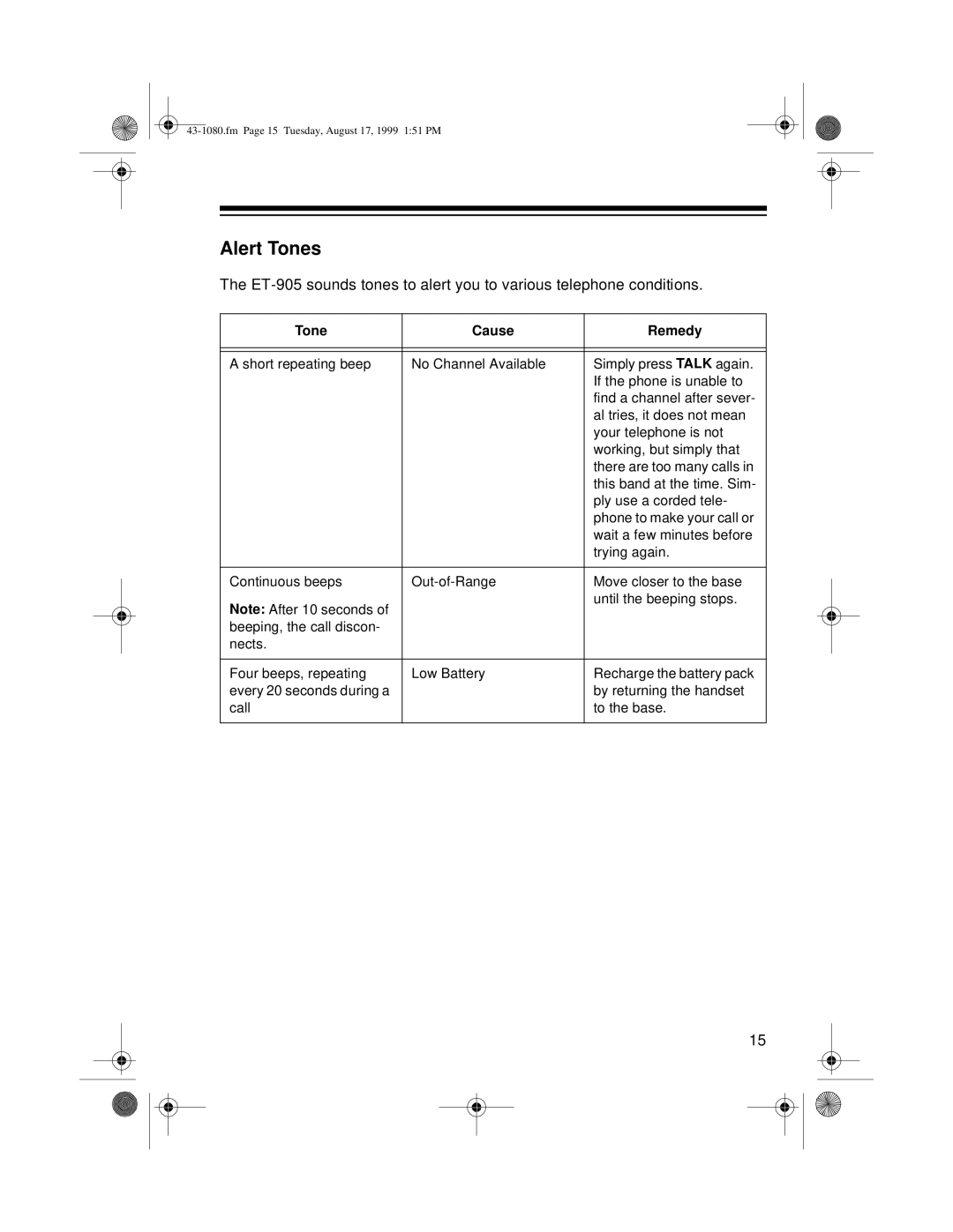 Radio Shack ET-905 owner manual Alert Tones, Tone Cause Remedy 