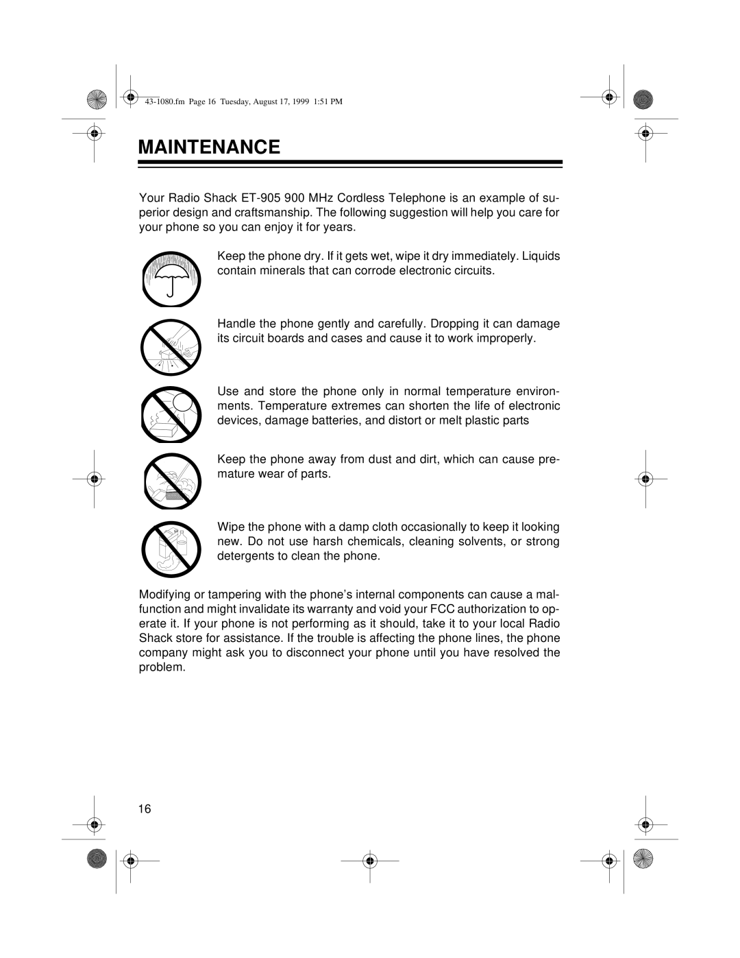 Radio Shack ET-905 owner manual Maintenance 