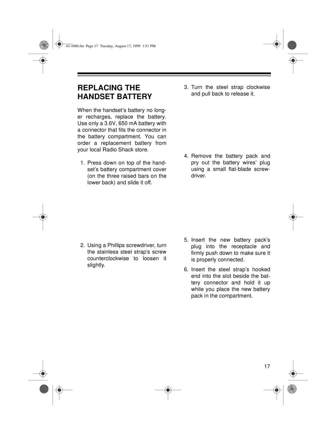 Radio Shack ET-905 owner manual Replacing the Handset Battery 