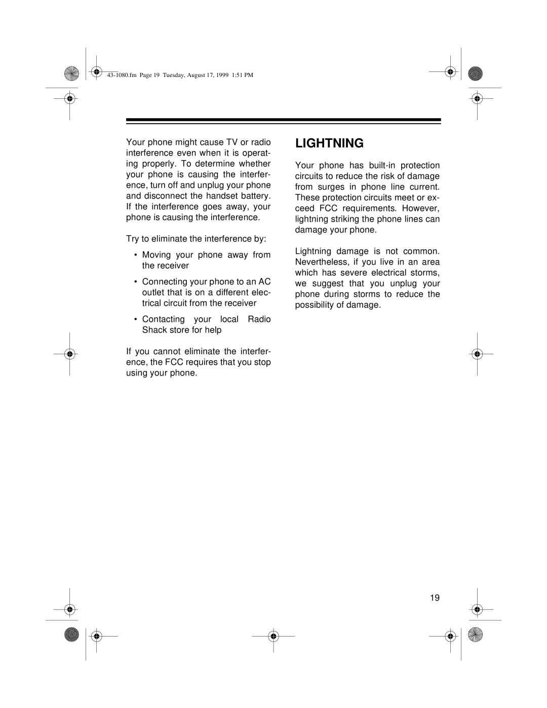 Radio Shack ET-905 owner manual Lightning 