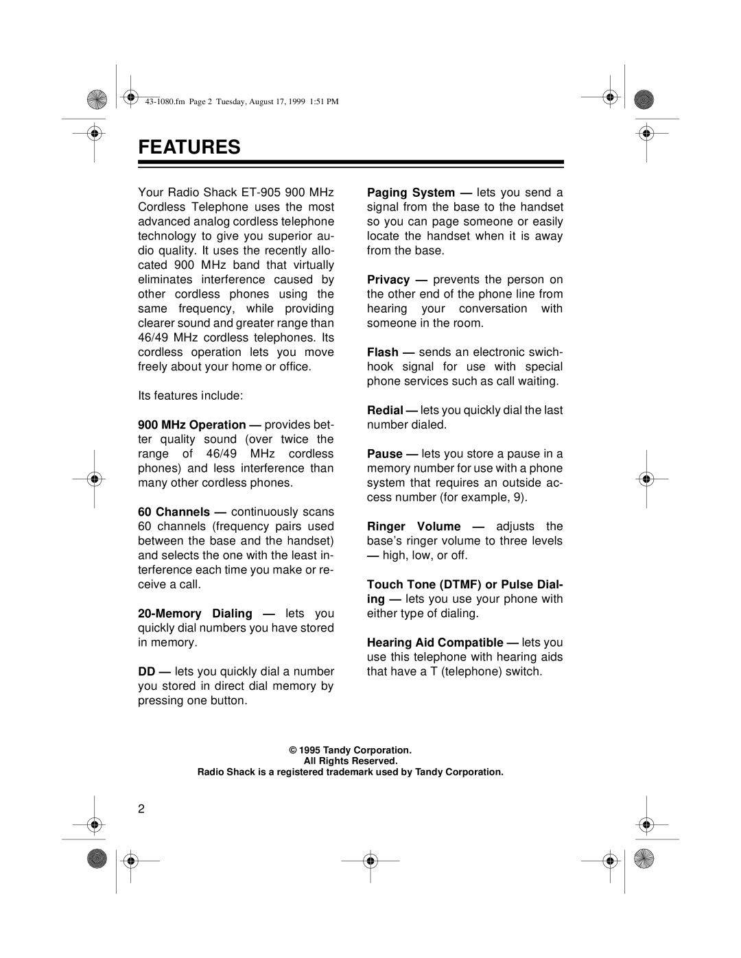 Radio Shack ET-905 owner manual Features 