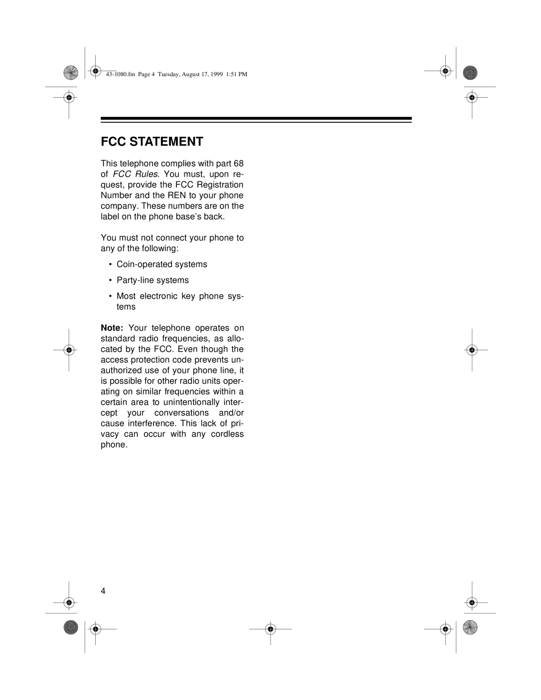 Radio Shack ET-905 owner manual FCC Statement 