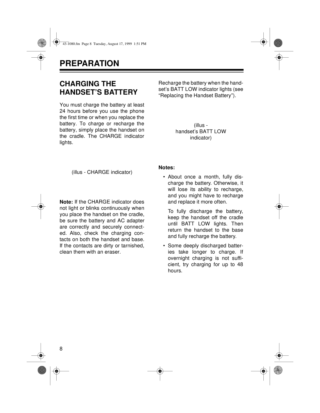 Radio Shack ET-905 owner manual Preparation, Charging the HANDSET’S Battery 