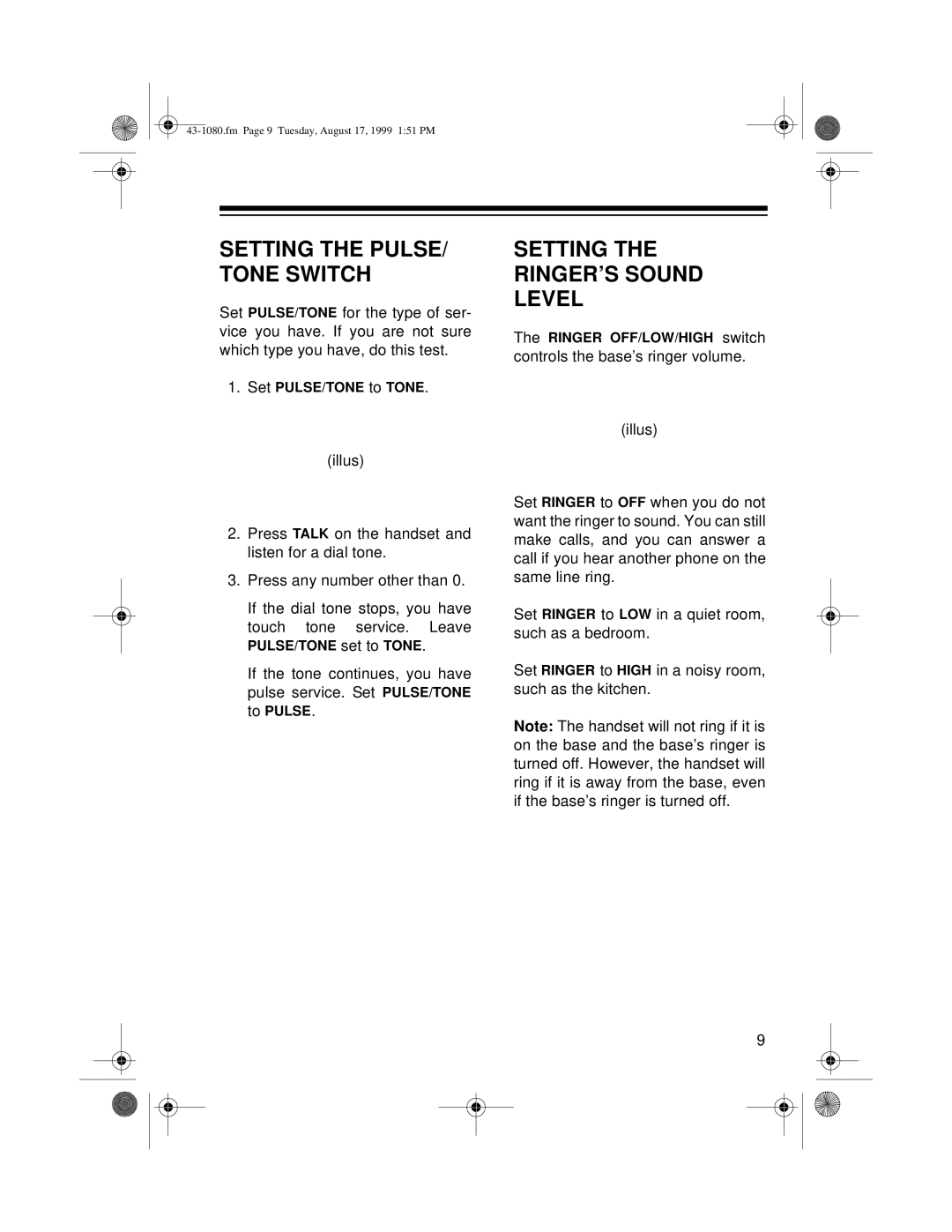 Radio Shack ET-905 owner manual Setting the RINGER’S Sound Level, Setting the PULSE/ Tone Switch 