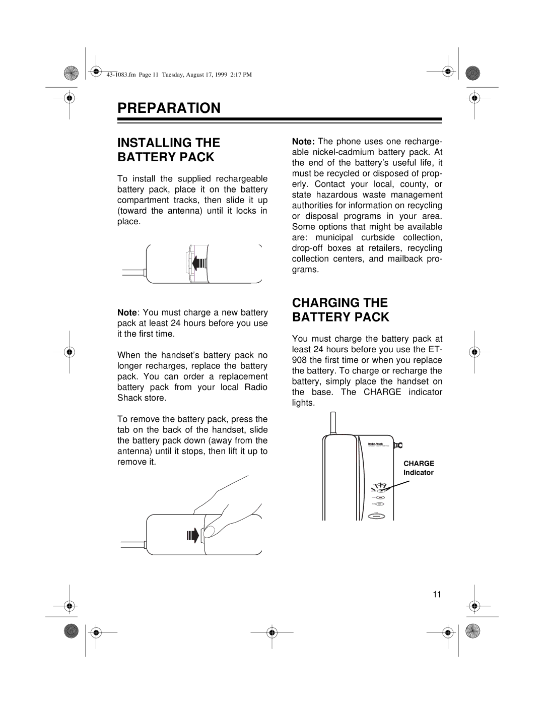 Radio Shack ET-908 owner manual Preparation, Installing Battery Pack, Charging Battery Pack 