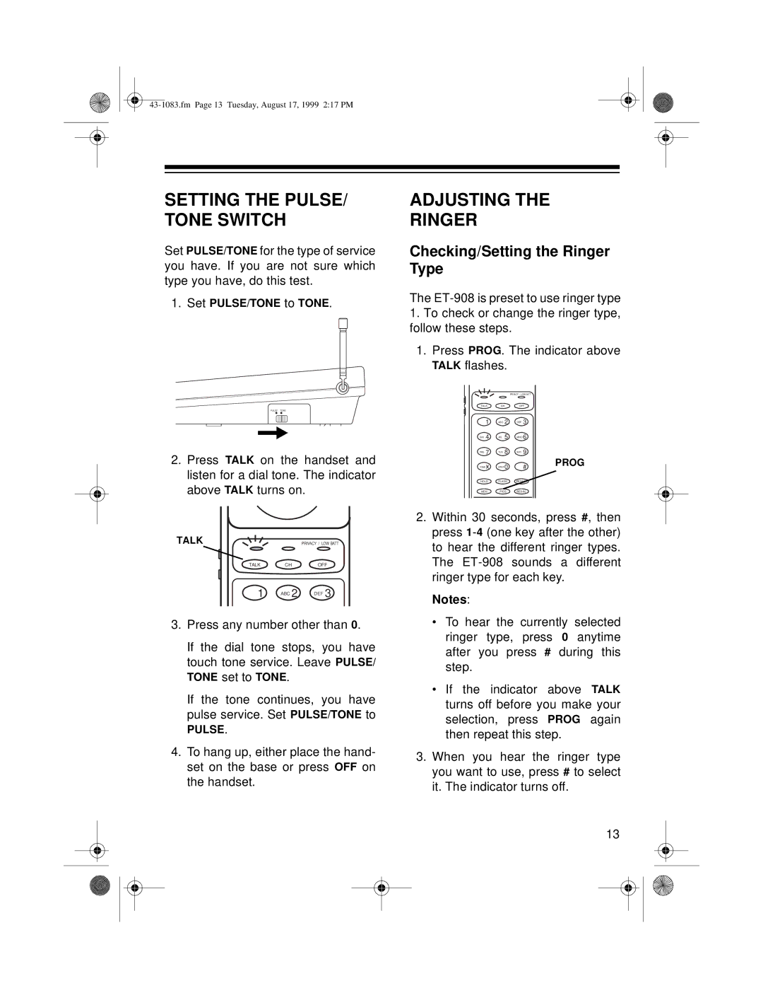 Radio Shack ET-908 owner manual Adjusting Ringer, Checking/Setting the Ringer Type 