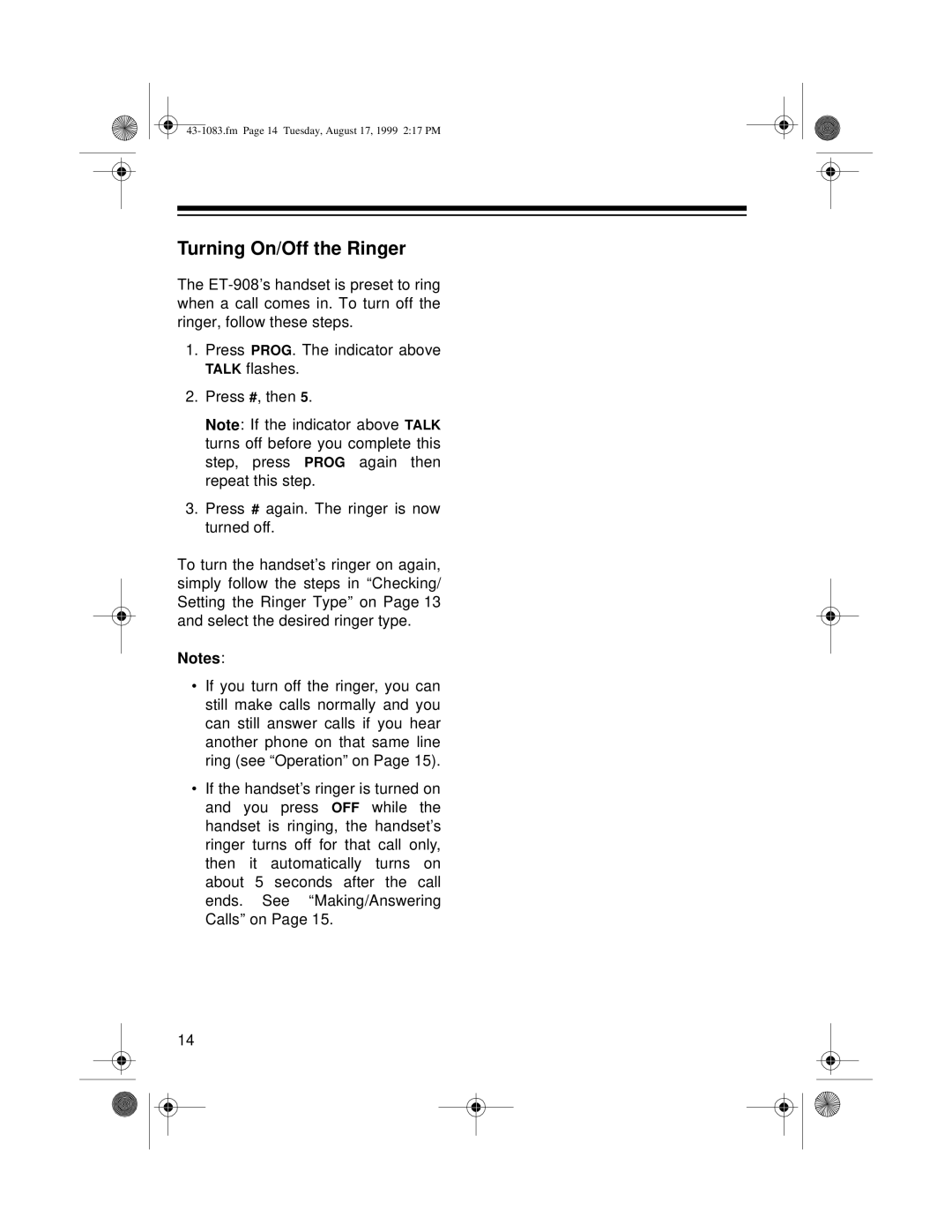 Radio Shack ET-908 owner manual Turning On/Off the Ringer 