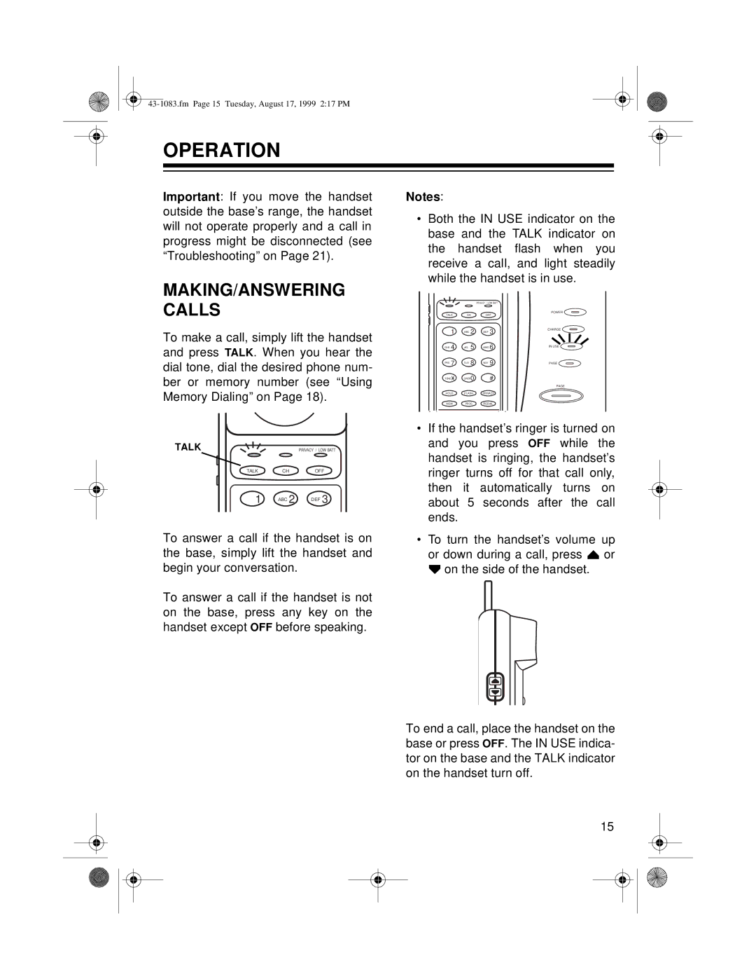 Radio Shack ET-908 owner manual Operation, MAKING/ANSWERING Calls 