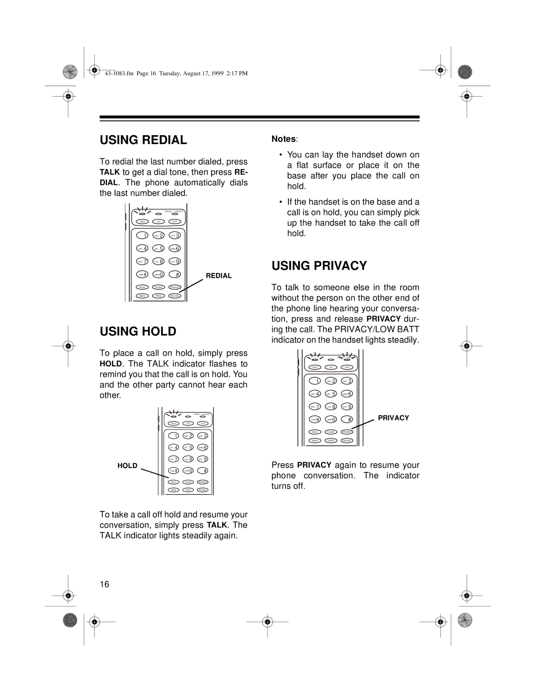 Radio Shack ET-908 owner manual Using Redial, Using Hold, Using Privacy 