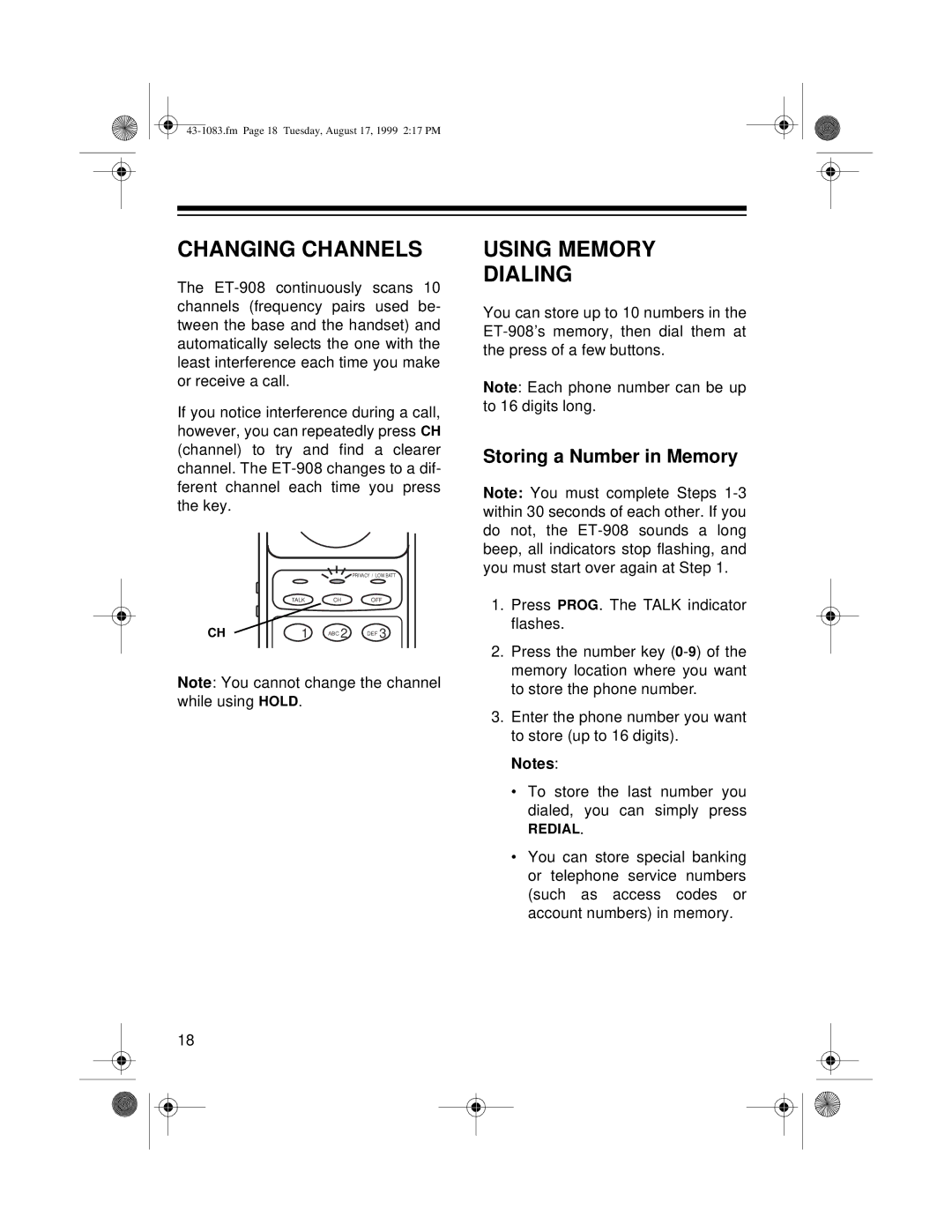 Radio Shack ET-908 owner manual Changing Channels, Using Memory Dialing, Storing a Number in Memory 