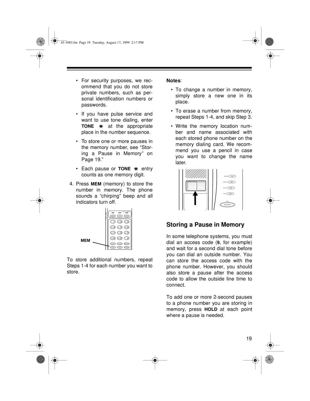 Radio Shack ET-908 owner manual Storing a Pause in Memory 