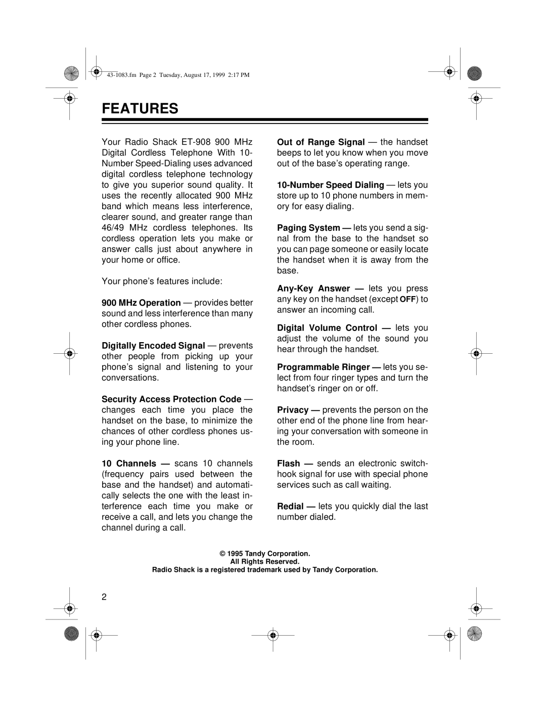 Radio Shack ET-908 owner manual Features 