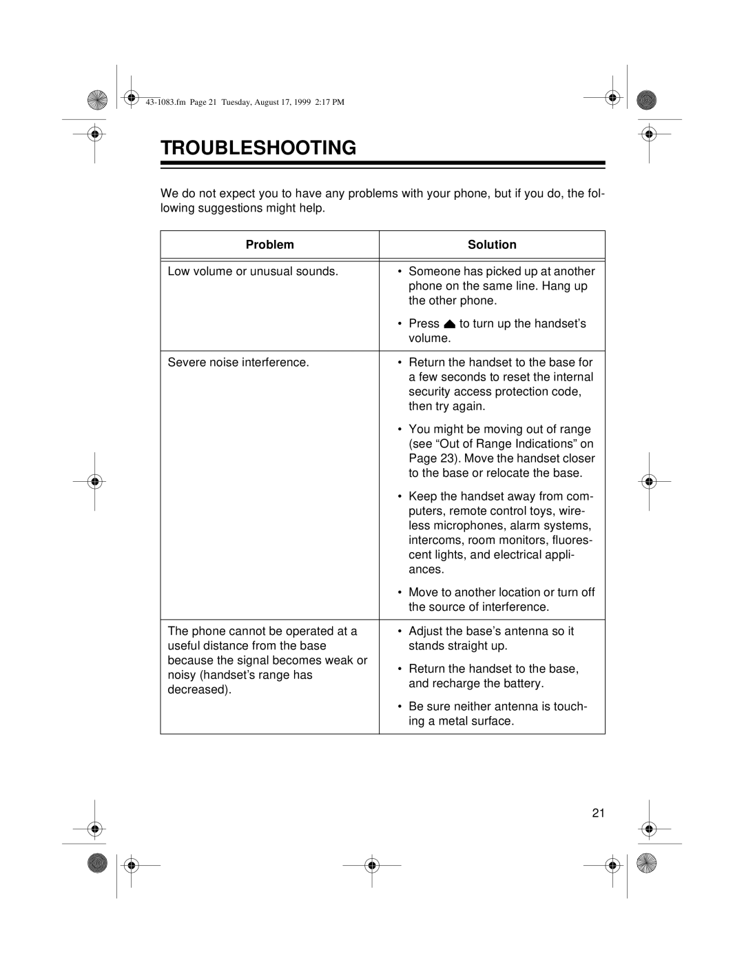 Radio Shack ET-908 owner manual Troubleshooting, Problem Solution 